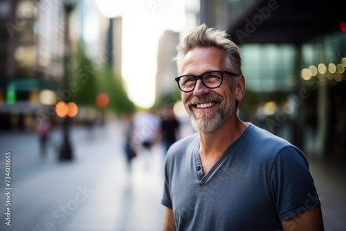 Portrait of a happy senior man with eyeglasses in the city