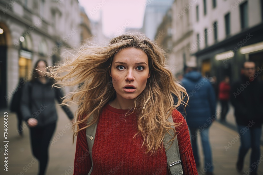Portrait of a young woman with flying hair in the city.