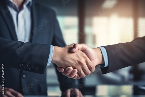Two colleagues sealing a successful business deal with a firm handshake.