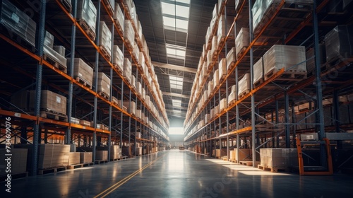 Huge distribution warehouse with high shelves  bottom view.