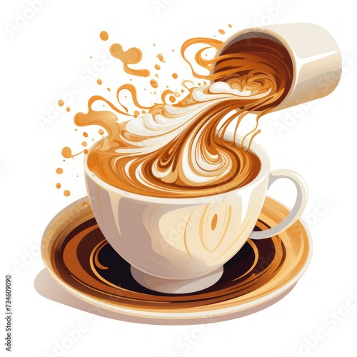 An illustration of a close-up of expertly pouring latte art, creating intricate designs on a frothy cup of coffee