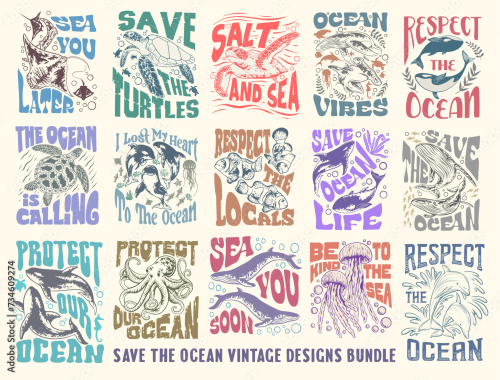 Fototapeta premium Save the ocean vintage graphic poster set, environmental quotes bundle. Save the ocean typography t shirt designs bundle, Earth day, nature lover design. Ecological and environment design for print. 
