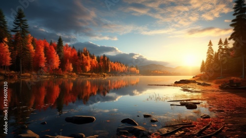 Autumn nature landscape with a lake in a fall forest.