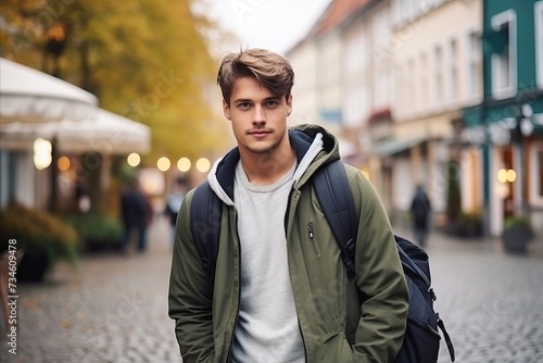 Portrait of a handsome young man walking in the street with backpack