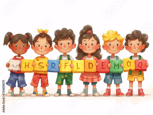 Diverse kids hold study elements pieces as together solve problem together and demonstrate teamwork vector illustration isolated. on pure white background.Ai