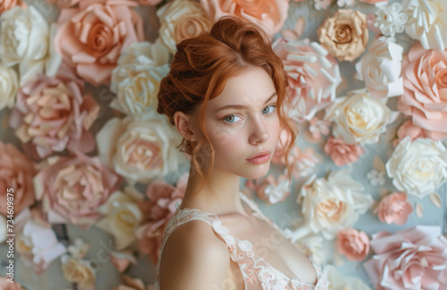 Beautiful model posing in front of paper flowers