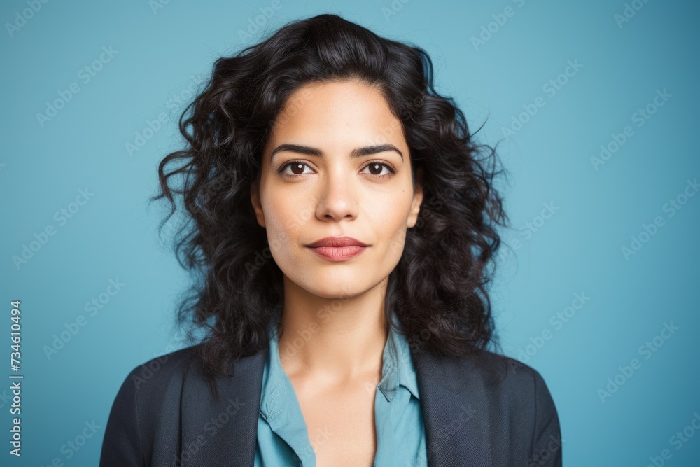 Portrait of a young businesswoman looking at camera against blue background Portrait of a young businesswoman looking at camera against blue background