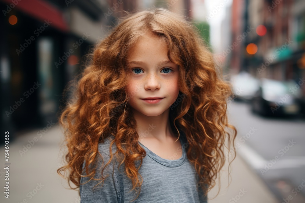 portrait of a beautiful little girl with long curly hair on the street portrait of a beautiful little girl with long curly hair on the street
