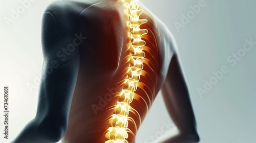 Man with curvature of the spine, back pain, protrusion and hernia of the spine. Help from an osteopath, neurolog or surgeon, henriology. Medical problems, 3D rendering x-ray