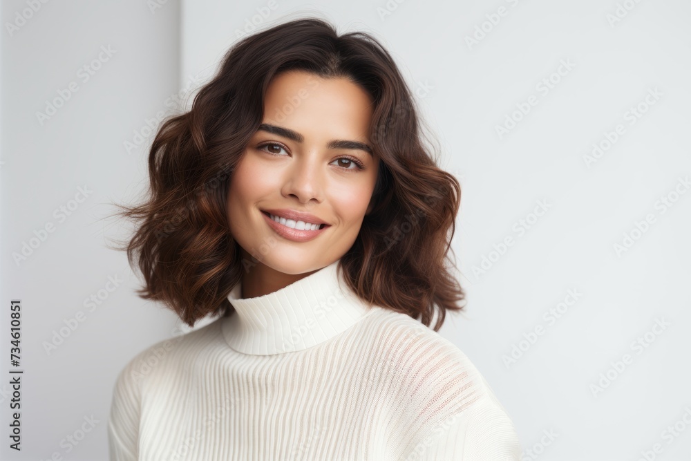 Portrait of happy smiling beautiful young woman in sweater, over grey background Portrait of happy smiling beautiful young woman in sweater, over grey background