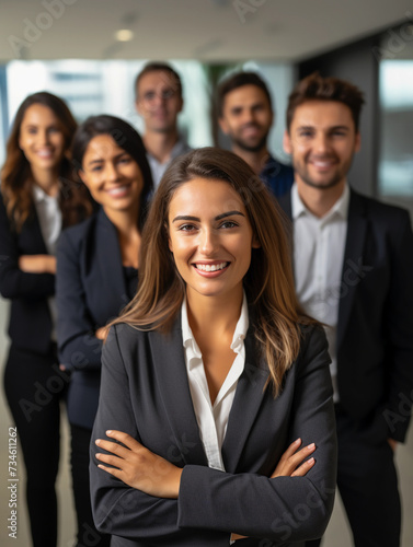 Portrait of successful group of business people at modern office looking at camera. Portrait of happy businesswoman and satisfied businesswoman standing as a team 
