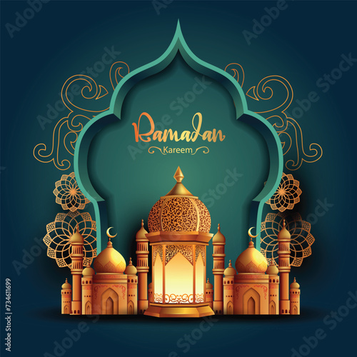 Ramadan Kareem art greetings with golden mosque andgreen background. abstract vector illustration design.