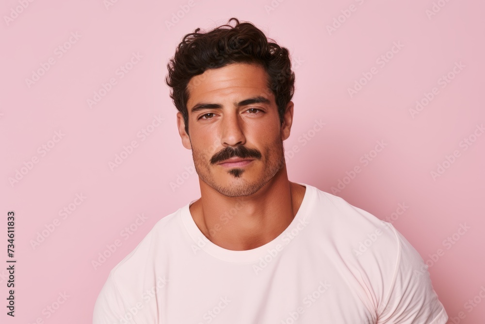 Obraz premium Portrait of handsome young man in white t-shirt, looking at camera and smiling, standing against pink background