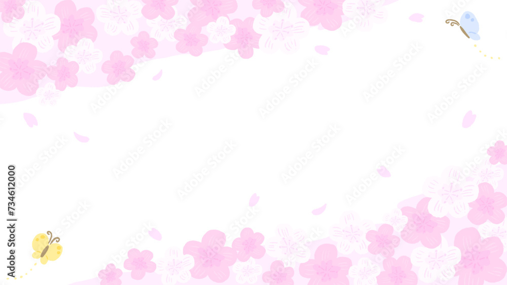 Sakura and butterfly background frame inspired by spring, stylish hand-drawn illustration / 春をイメージしたさくらとちょうちょの背景フレーム、おしゃれな手描きイラスト