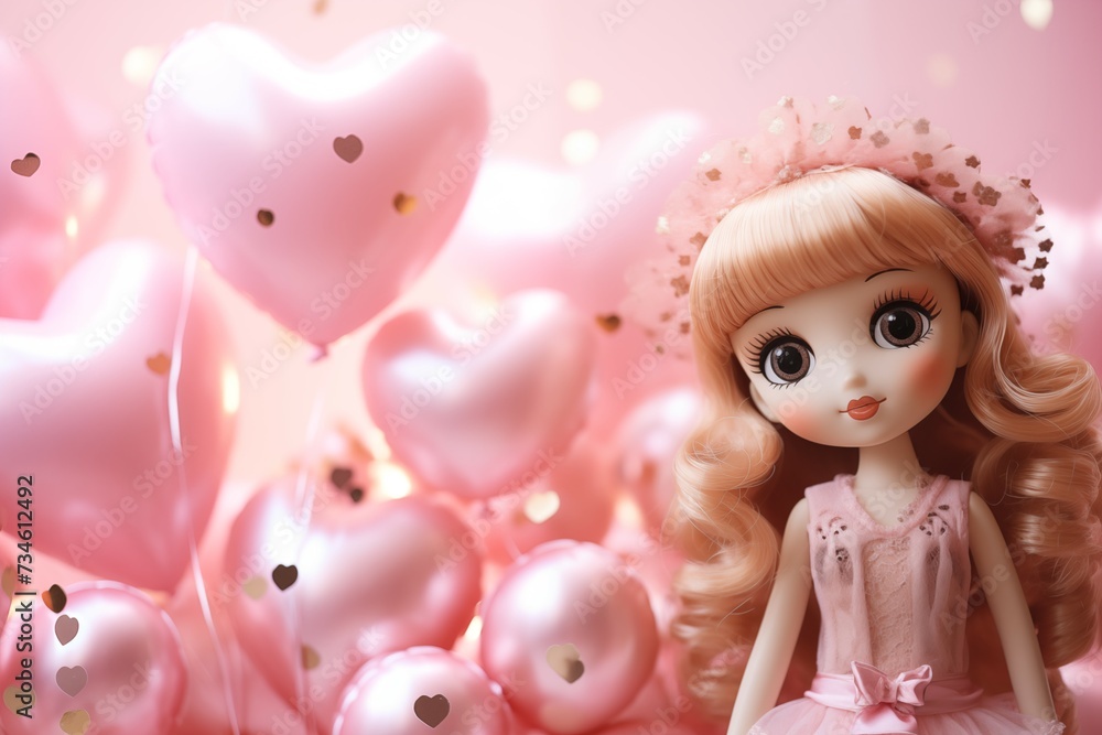 Golden and pink heart shaped balloons and cute doll on a soft pink background with copy space