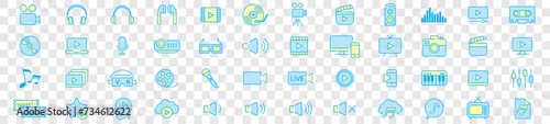 Video line icon set. camera, movie, video, music, cinema, audio, play, pause, media, content, live, production, player, collection vector