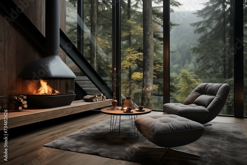 Modern interior concept with forest view 