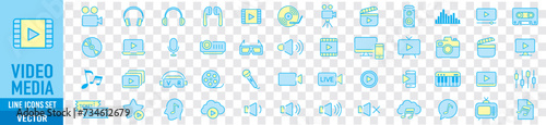 Video line icon set. camera, movie, video, music, cinema, audio, play, pause, media, content, live, production, player, collection vector