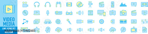 Video line icon set. camera, movie, video, music, cinema, audio, play, pause, media, content, live, production, player, collection vector