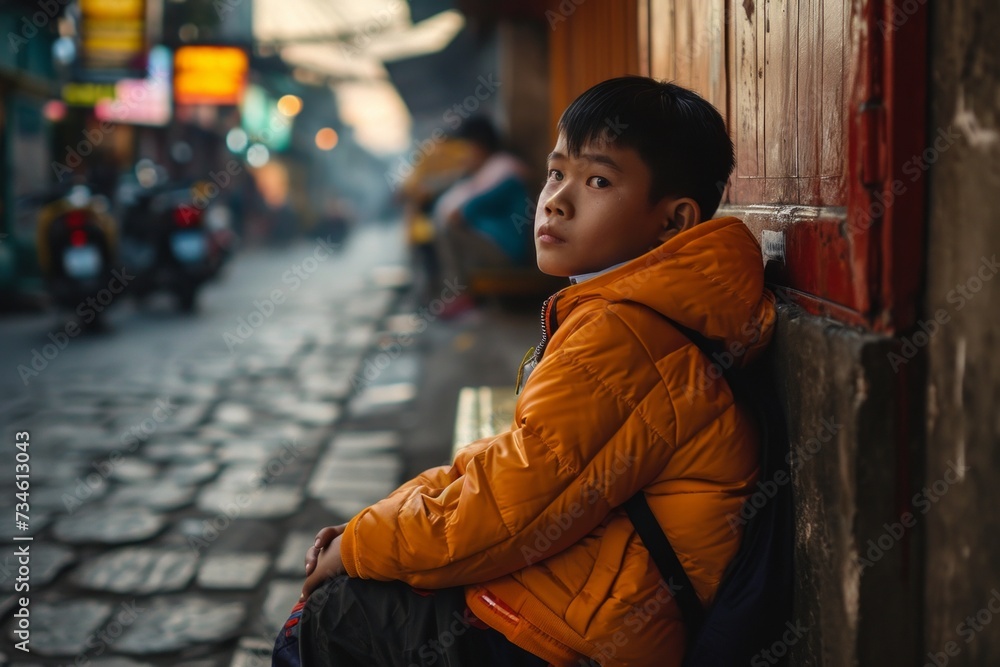 Portrait of a boy in a yellow jacket with a backpack sitting on the street Portrait of a boy in a yellow jacket with a backpack sitting on the street