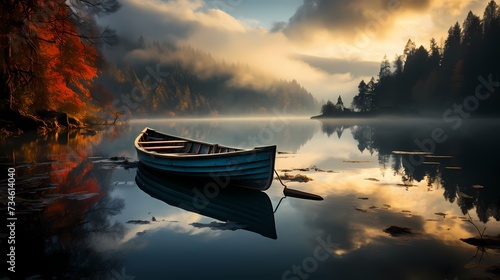 A solitary rowboat on a glassy lake, patiently waiting for the ripple of an oar's touch © Tae-Wan
