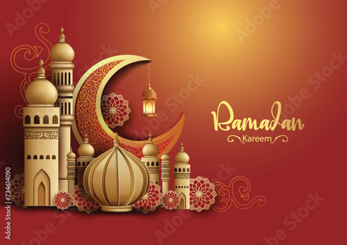 Ramadan Kareem art greetings with red mosque and black background. abstract vector illustration design.