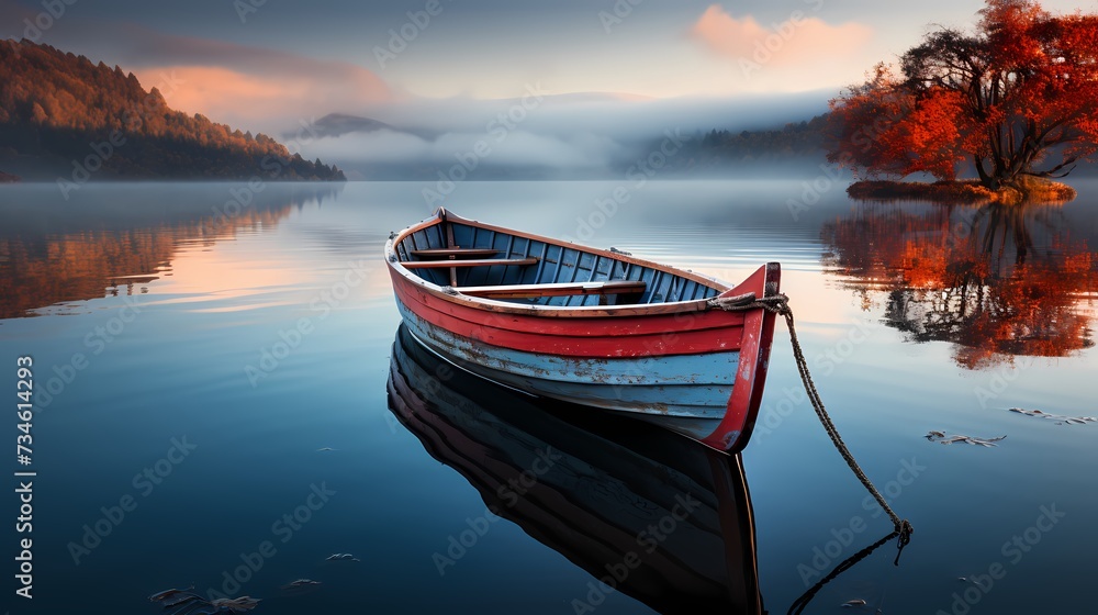 A solitary rowboat on a glassy lake, patiently waiting for the ripple of an oar's touch