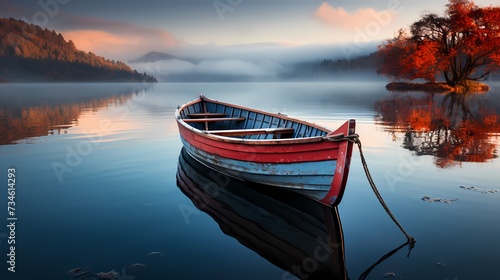 A solitary rowboat on a glassy lake, patiently waiting for the ripple of an oar's touch