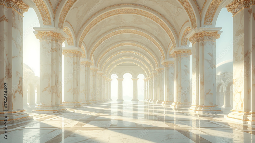Interior of a mosque with marble floor. Created with Ai