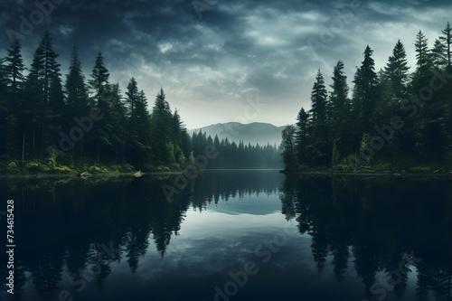 A serene lake surrounded by towering pine trees, creating a reflective mirror-like surface.