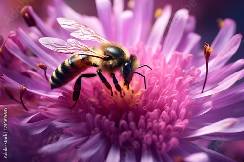 A close-up of a bee collecting pollen from a vibrant purple flower.
