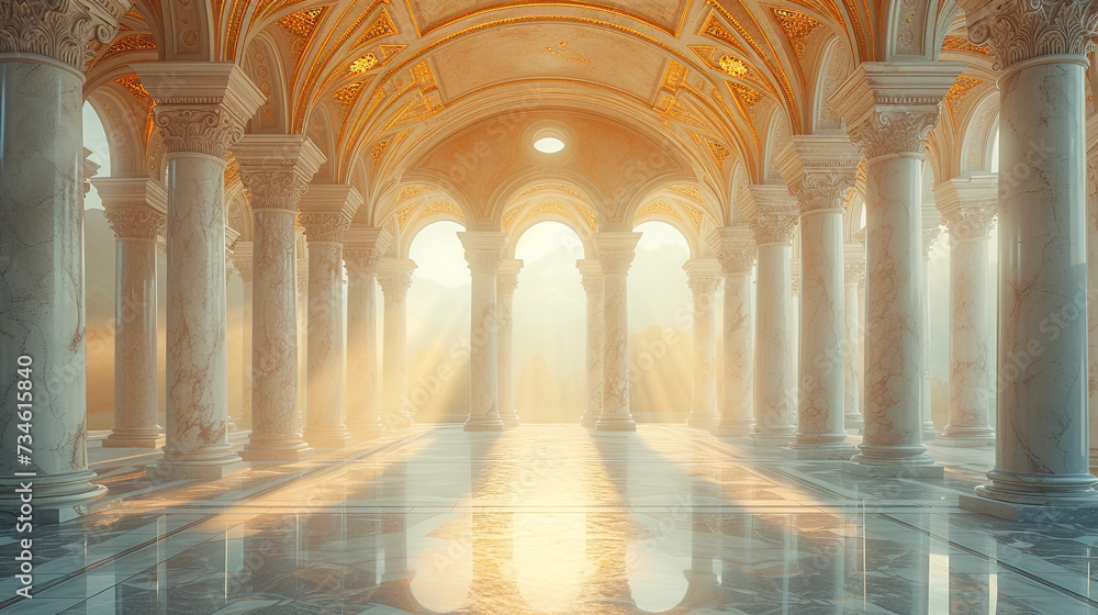 Interior of the large empty hall with pillars and marble floor. Created with Ai