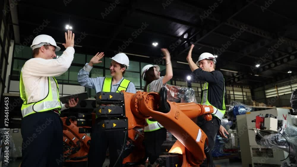 custom made wallpaper toronto digitalTeamwork engineers robots electricians men and women brainstormed successfully high five testing electrical and electronic systems checking services new welding robots working in the warehouse.