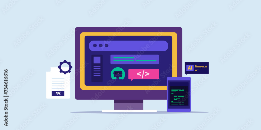 AI chatbot generating code for software application on screen, artificial intelligence technology vector illustration. AI chatbot generating code for software application on screen, artificial intelligence technology vector illustration.