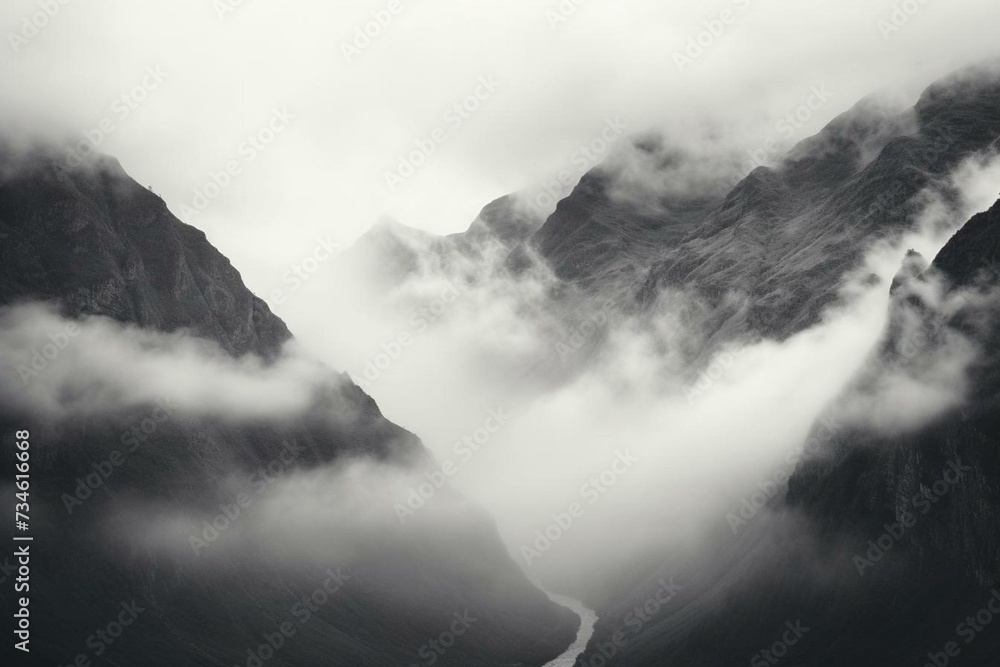 Rapid fog and clouds traverse breathtaking mountains. Generative AI