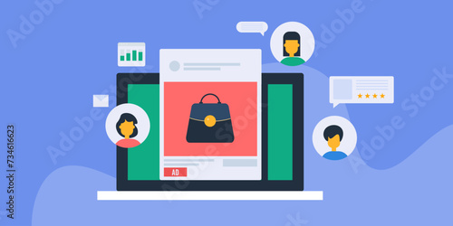People interacts with social media advertising content, business receive messages or inquiry about product or service, analytics report dashboard, vector illustration.
