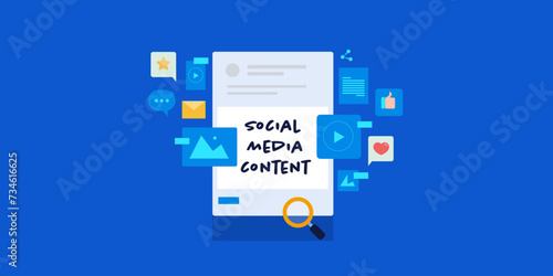 Social media content creator visual or video post follower interaction and engagement, digital business and marketing strategy, vector illustration.