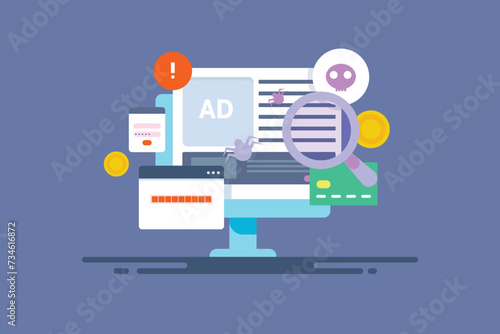 Ad fraud generates false ad impression, click rate, make money scam and cybercrime concept, vector illustration web banner.