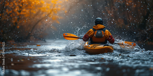 Whitewater kayaking, extreme sport rafting. Guy in kayak sails mountain river.Sport Man is kayaking with spray paddle splashes. Summer day, travel concept.Ai 