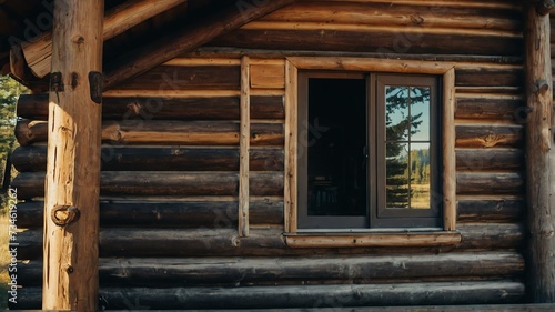 Wall of a log cabin house with a window from Generative AI