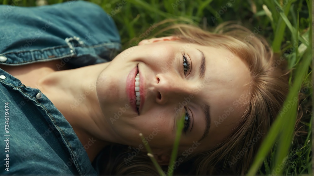 A happy smiling beautiful young woman lying in the summer green grass, top view from Generative AI
