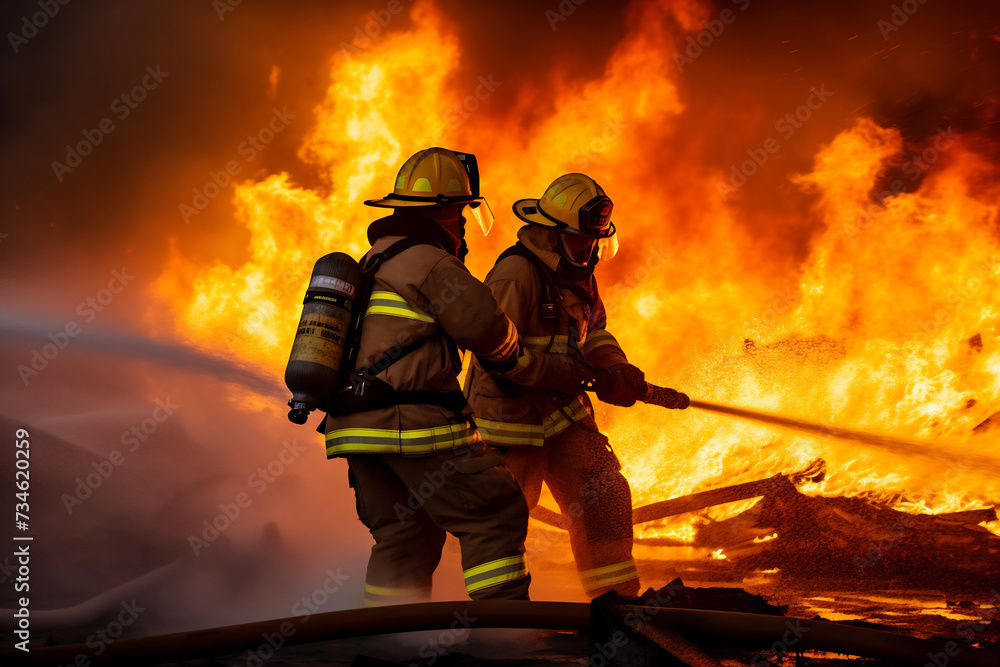 Naklejka premium Brave Firefighters Battling Intense Blaze with Water Hose. Emergency Response and Courage Concept
