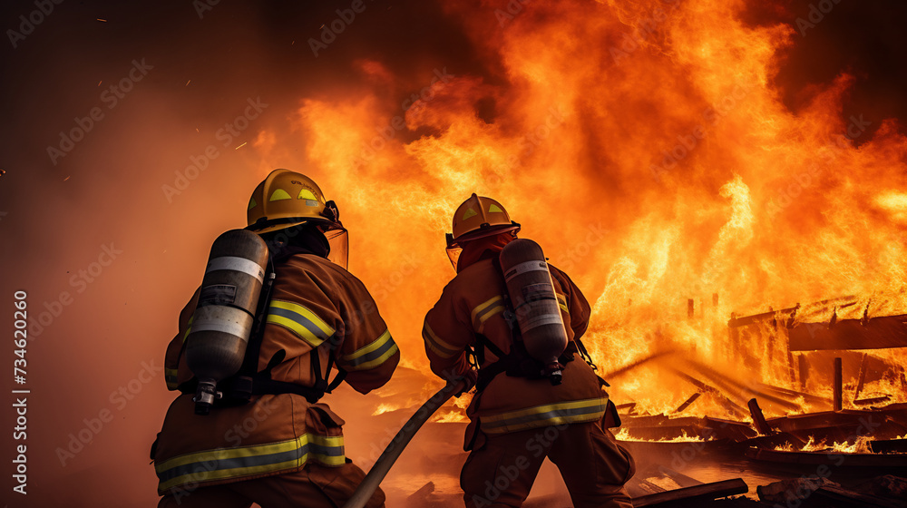 Fototapeta premium Brave Firefighters Battling Intense Blaze with Water Hose. Emergency Response and Courage Concept
