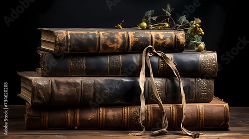 A stack of old, weathered books with worn leather covers against a rustic, earthy brown backdrop