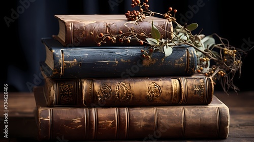A stack of old, weathered books with worn leather covers against a rustic, earthy brown backdrop