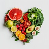 A heart-shaped arrangement of fresh fruits and vegetables