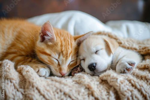 A heartwarming scene of a cat and a dog peacefully sleeping together. A kitten and a puppy curled up in a nap, showcasing the bond of love and friendship between these domestic animals. © ebhanu