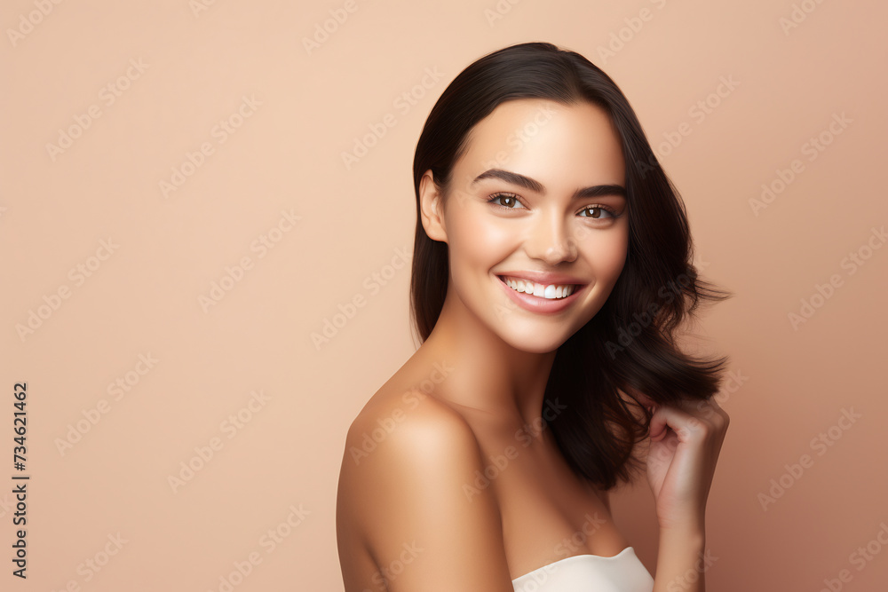 Radiant Beauty Portrait of a Smiling Young Woman with Flawless Skin. Health and Skincare Concept Radiant Beauty Portrait of a Smiling Young Woman with Flawless Skin. Health and Skincare Concept