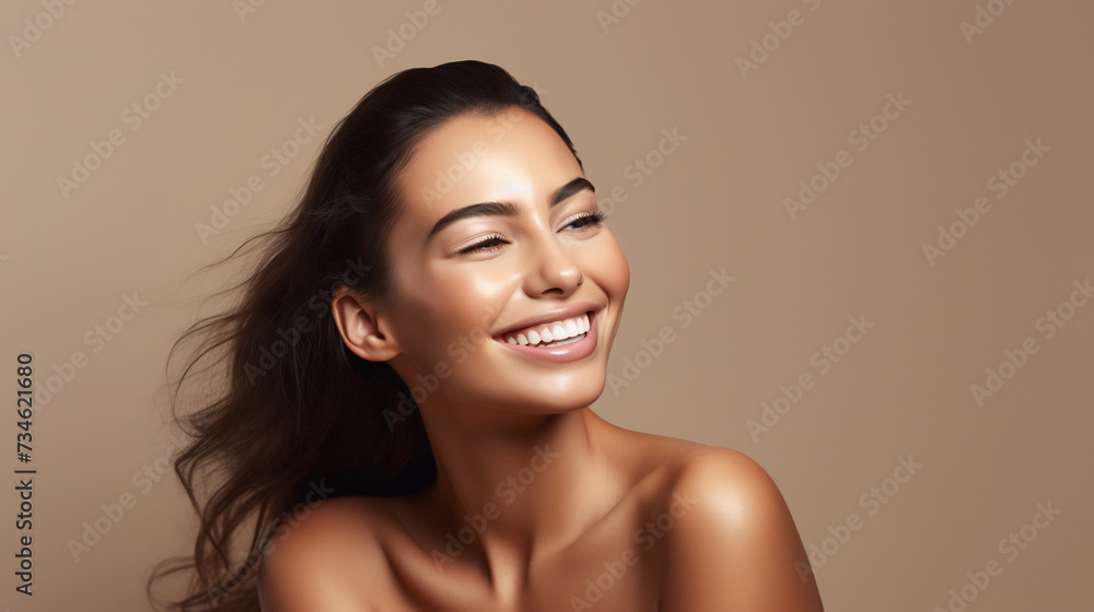 Radiant Beauty Portrait of a Smiling Young Woman with Flawless Skin. Health and Skincare Concept Radiant Beauty Portrait of a Smiling Young Woman with Flawless Skin. Health and Skincare Concept