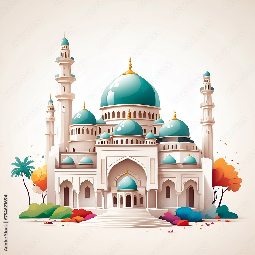 Vector illustration of eid al adha mubarak ramadan kareem mosque, soft and colorful, white background